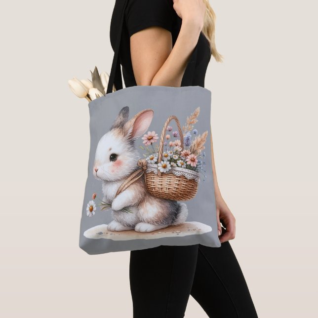 Cute Bunny with Flowers Watercolor Art Tote Bag (Close Up)