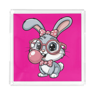 Cute Bunny with Glasses Blowing Bubble Gum Acrylic Tray