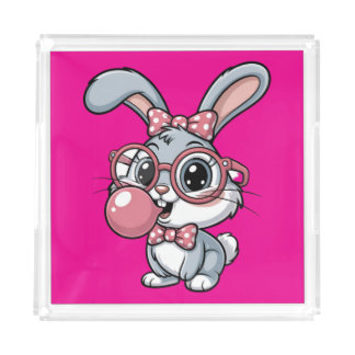 Cute Bunny with Glasses Blowing Bubble Gum Acrylic Tray
