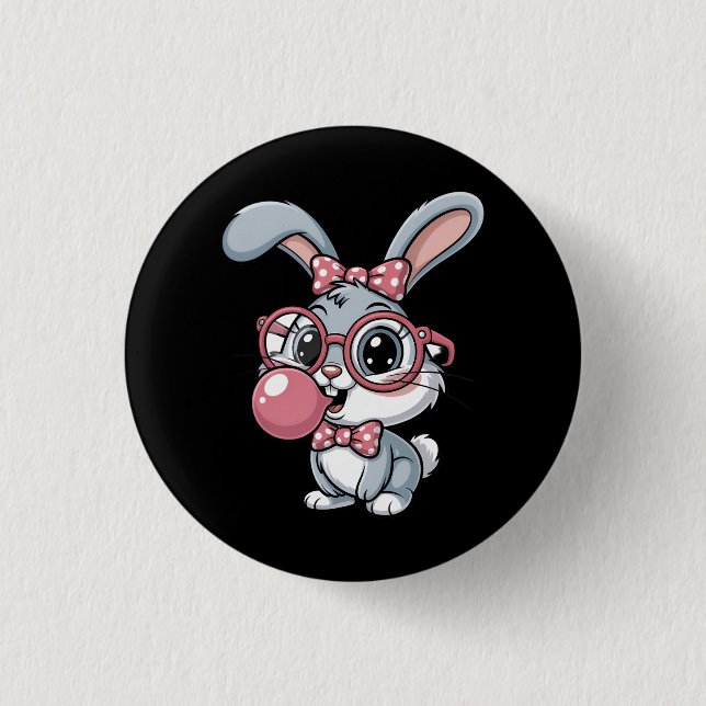 Cute Bunny with Glasses Blowing Bubble Gum Button (Front)