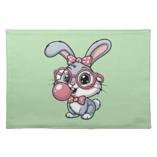 Cute Bunny with Glasses Blowing Bubble Gum Cloth Placemat