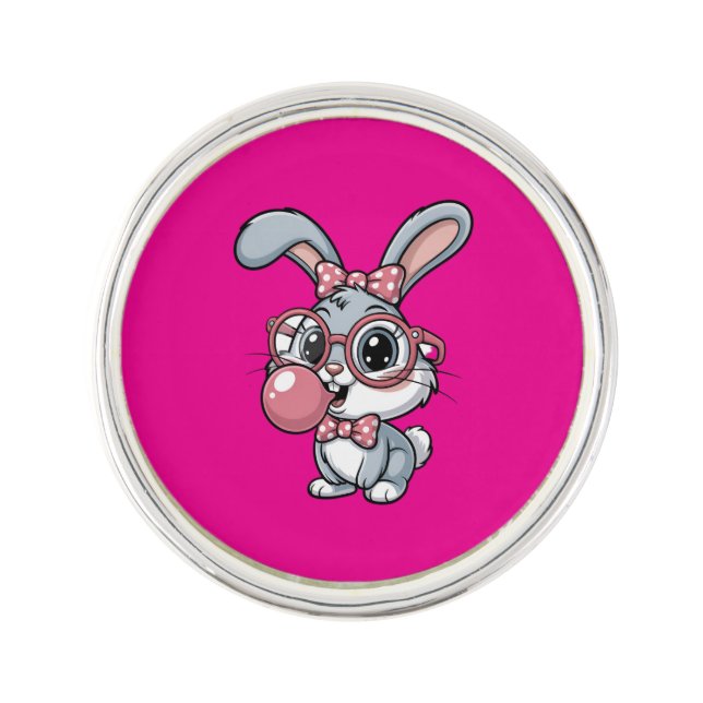 Cute Bunny with Glasses Blowing Bubble Gum Lapel Pin (Front)