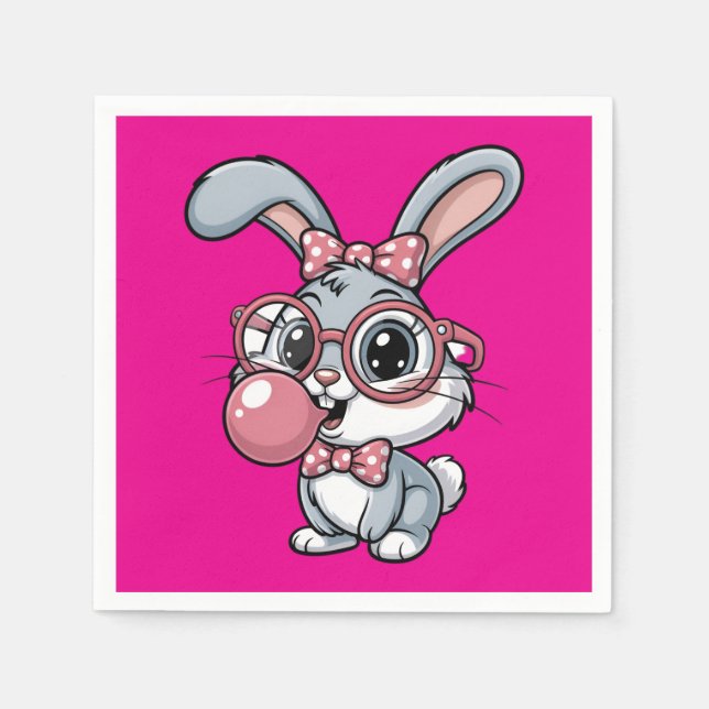 Cute Bunny with Glasses Blowing Bubble Gum Napkins (Front)