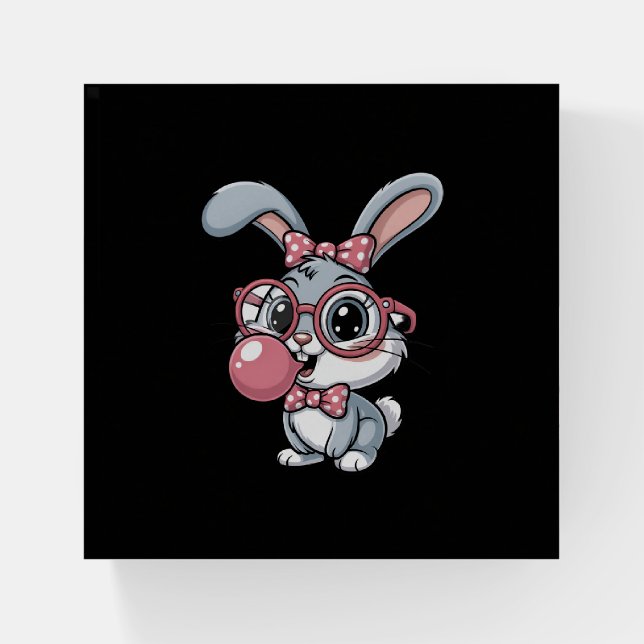 Cute Bunny with Glasses Blowing Bubble Gum Paperweight (Front)
