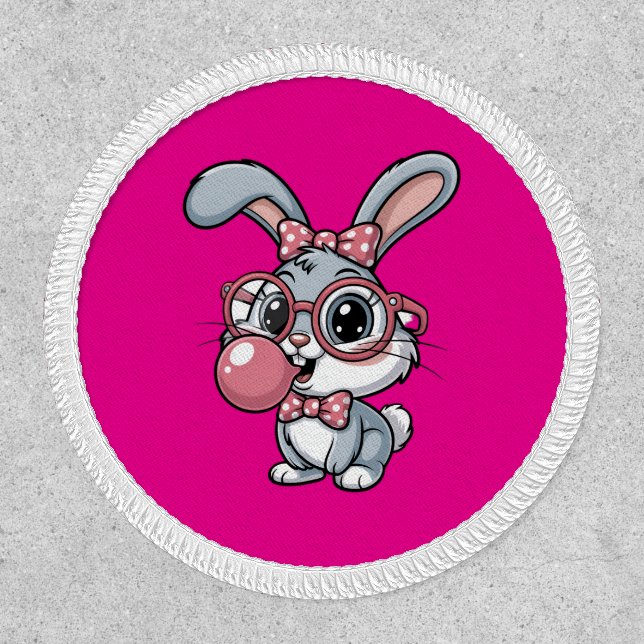 Cute Bunny with Glasses Blowing Bubble Gum Patch (Front)