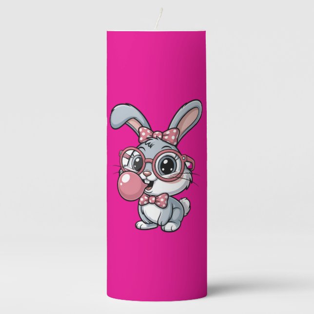 Cute Bunny with Glasses Blowing Bubble Gum Pillar Candle (Front)