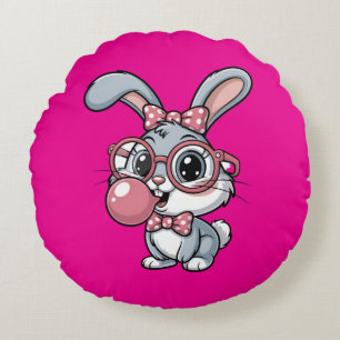 Cute Bunny with Glasses Blowing Bubble Gum Round Pillow