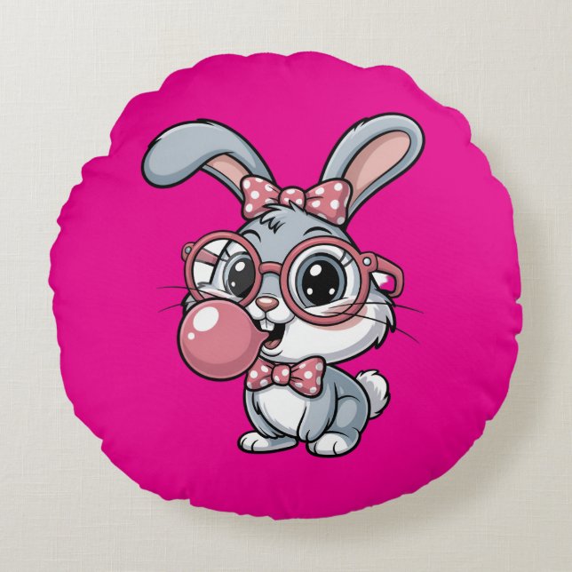 Cute Bunny with Glasses Blowing Bubble Gum Round Pillow (Front)