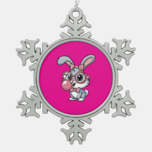 Cute Bunny with Glasses Blowing Bubble Gum Snowflake Pewter Christmas Ornament