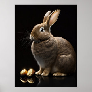 Cute Bunny with Golden Easter Eggs Wall Art Poster