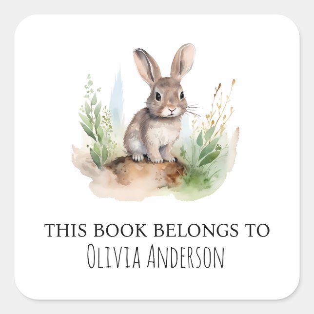 Cute Bunny with Green Leaves This Book Belongs Square Sticker (Front)