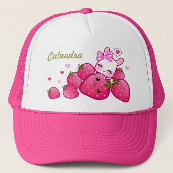 Cute Bunny With Kawaii Strawberries - Personalized Trucker Hat by Chibibunny at Zazzle