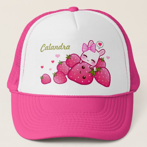Cute bunny with kawaii strawberries _ Personalized Trucker Hat
