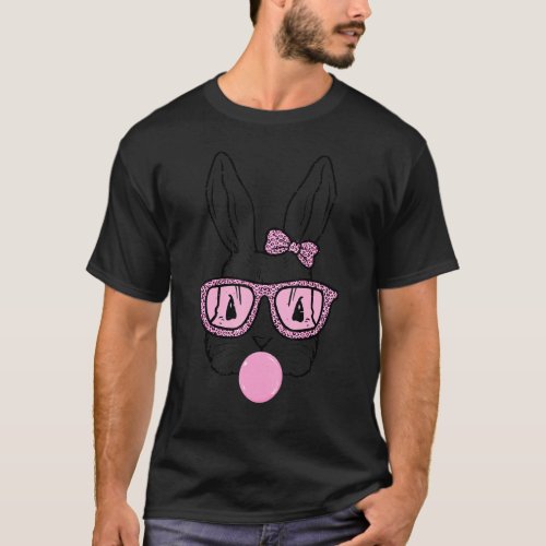 Cute Bunny With Leopard Bow Tie Glasses Bubblegum  T_Shirt