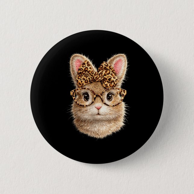 Cute bunny with leopard glasses bow easter rabbit button (Front)
