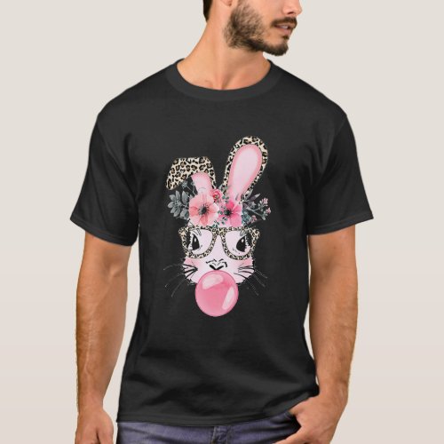 Cute Bunny With Leopard Glasses Bubblegum Easter D T_Shirt