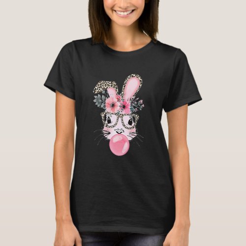 Cute Bunny With Leopard Glasses Bubblegum Easter D T_Shirt