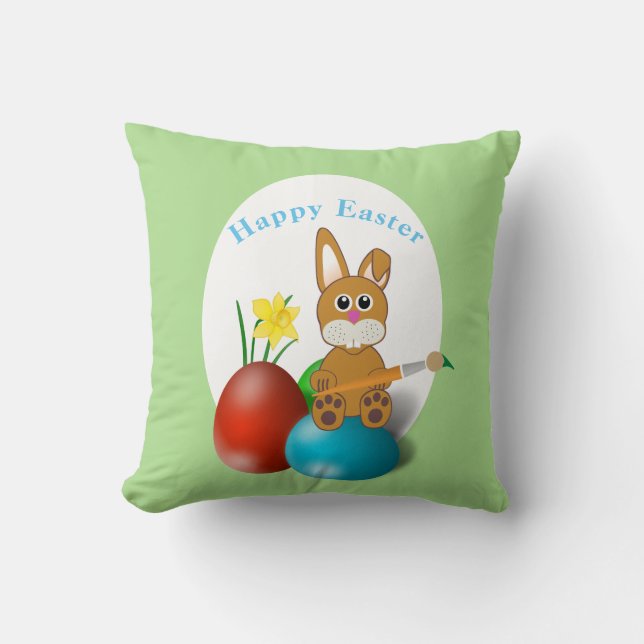 Cute Bunny with Painted Eggs Easter Throw Pillow (Front)