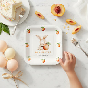 Cute Bunny with Peach First Birthday Paper Plate