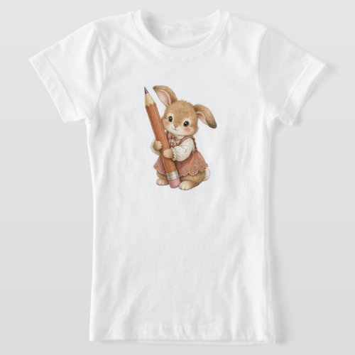 Cute Bunny with Pencil Back to School Girls T-Shirt