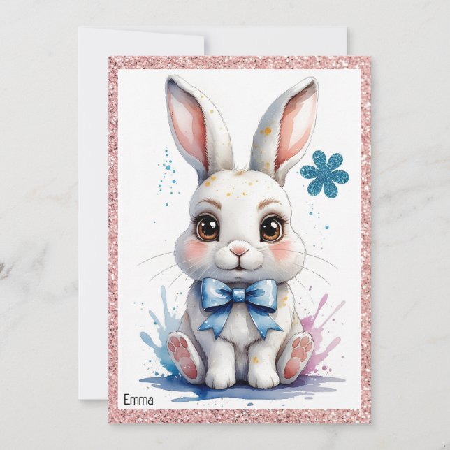 Cute bunny with pink bow birthday invitation (Front)