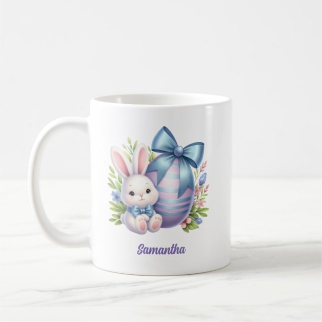 Cute bunny with purple egg and blue bow coffee mug (Left)