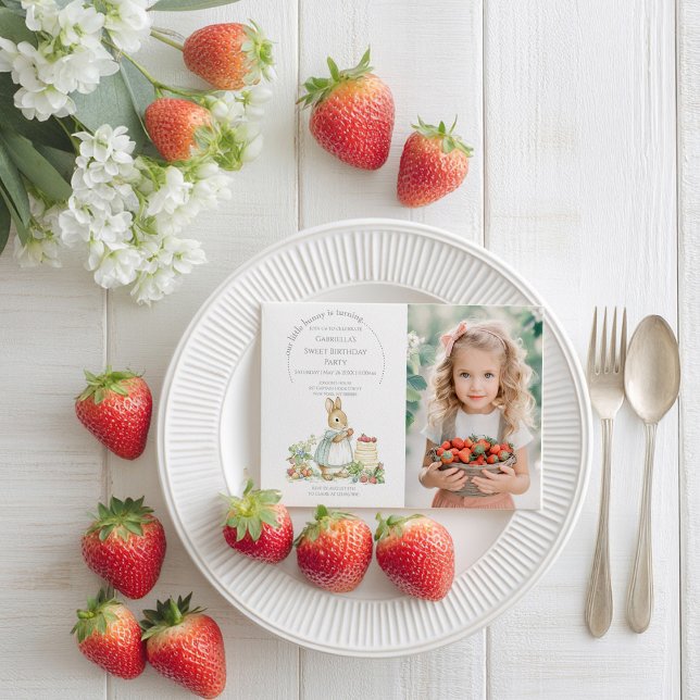 Cute Bunny with strawberries Birthday Invitation (Creator Uploaded)