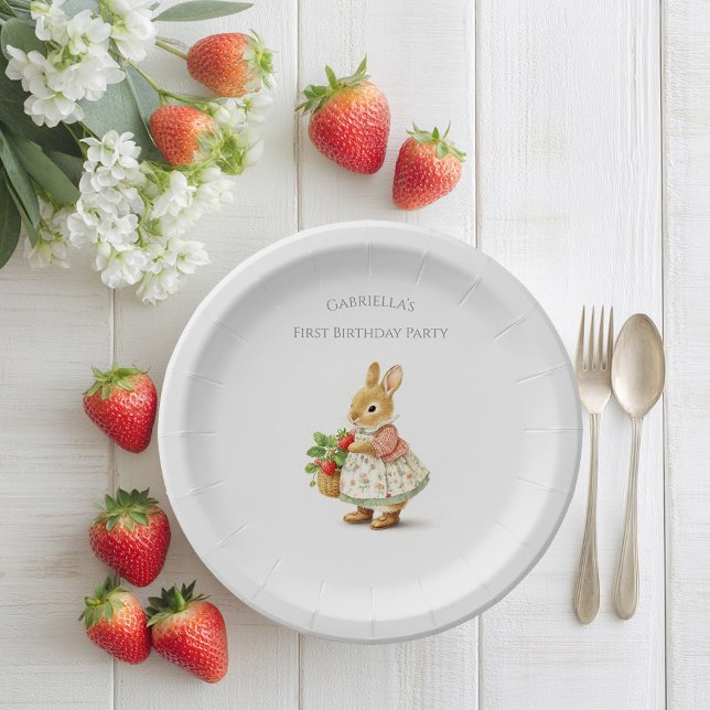 Cute Bunny with strawberries Paper Plates (Creator Uploaded)