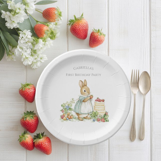 Cute Bunny with strawberries Paper Plates (Creator Uploaded)