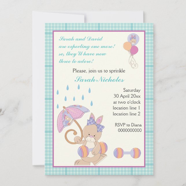 Cute bunny with umbrella baby sprinkle invitation (Front)