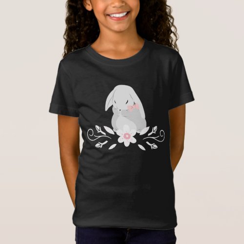 Cute Bunny with White Flower Girls T_Shirt