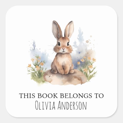 Cute Bunny with Yellow Flowers This Book Belongs Square Sticker