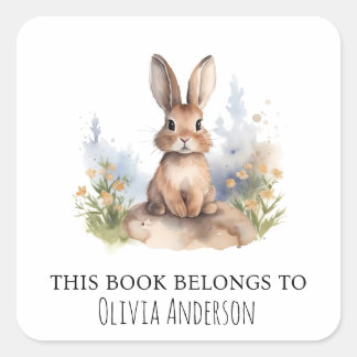 Cute Bunny with Yellow Flowers This Book Belongs Square Sticker