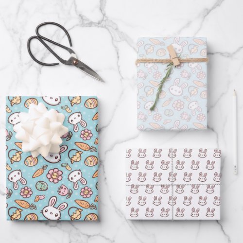 Cute Bunny Wrapping Paper Flat Sheet Set of 3