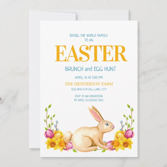 Cute Bunny Yellow Flowers Easter Brunch Egg Hunt Invitation (Front)