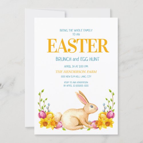Cute Bunny Yellow Flowers Easter Brunch Egg Hunt Invitation