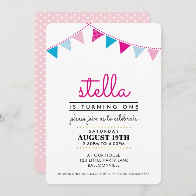 CUTE BUNTING 1ST birthday party INVITE pink blue (Front/Back)