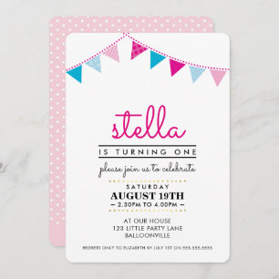 CUTE BUNTING 1ST birthday party INVITE pink blue