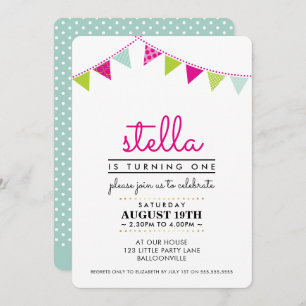 CUTE BUNTING 1ST birthday party INVITE pink mint