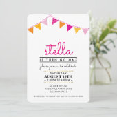 CUTE BUNTING 1ST birthday party INVITE pink orange (Standing Front)
