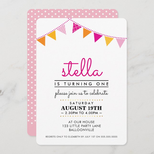 CUTE BUNTING 1ST birthday party INVITE pink orange (Front/Back)