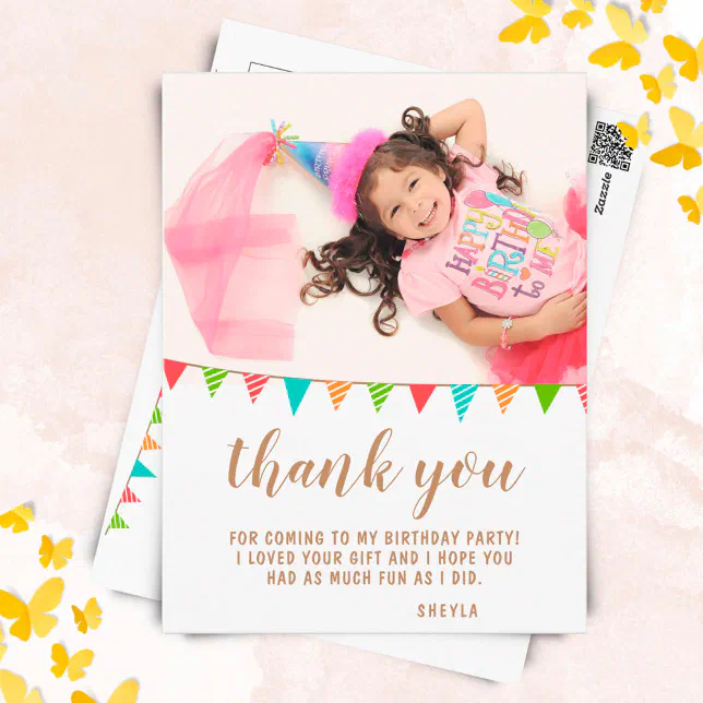 Cute Bunting Flag Birthday Photo Thank you Postcard | Zazzle
