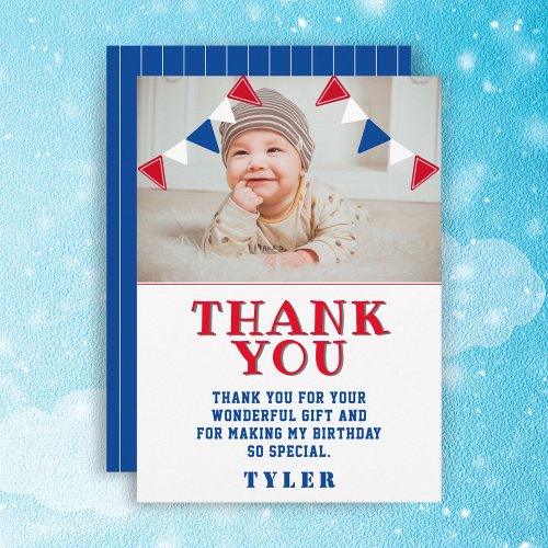 Cute Bunting Flags Red Blue Kids Photo Birthday Thank You Card