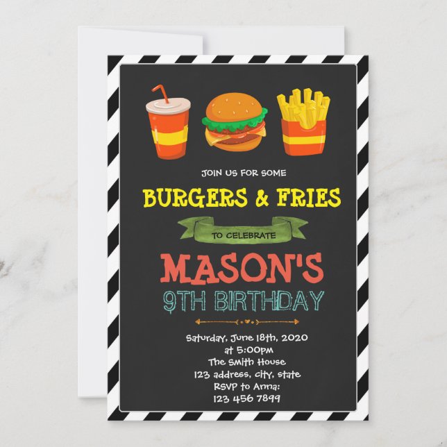 Cute burger and fries theme invitation (Front)