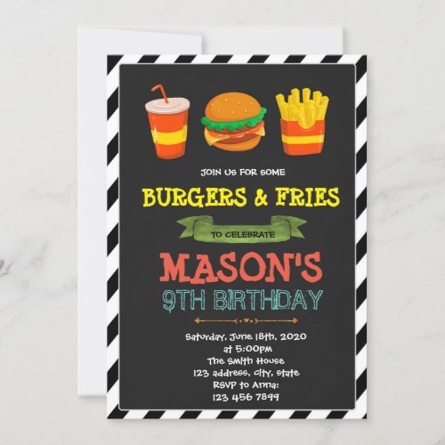 Cute burger and fries theme invitation