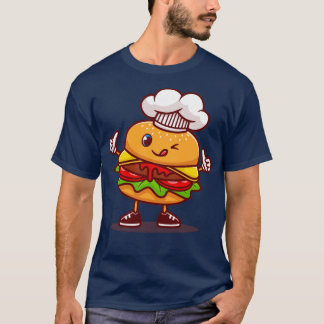 Cute Burger Chef Wearing Cap Cartoon T-Shirt