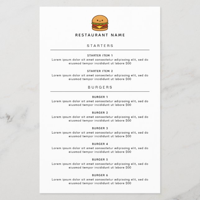Cute Burger Restaurant Menu Flyer (Front)
