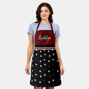 Cute Burgundy & Black Hearts Monogram Name Kitchen Apron