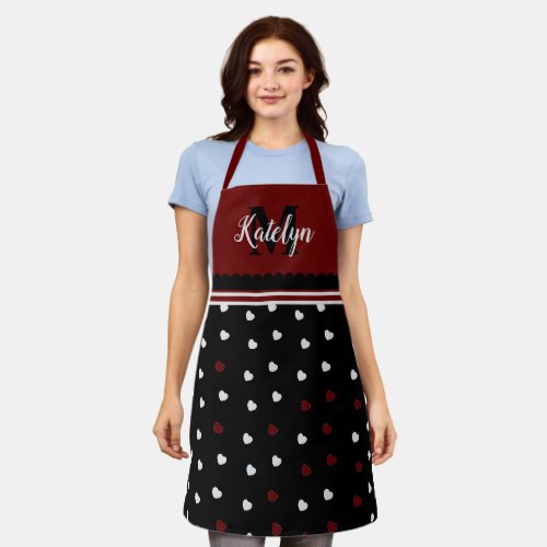 Cute Burgundy  Black Hearts Monogram Name Kitchen Apron