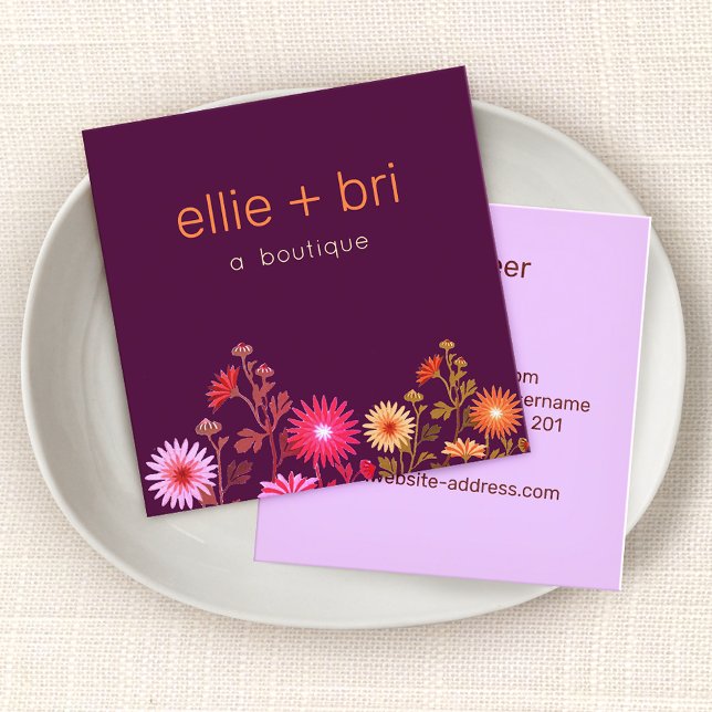 Cute Burgundy Floral Boho Social Media Networking Square Business Card (Creator Uploaded)